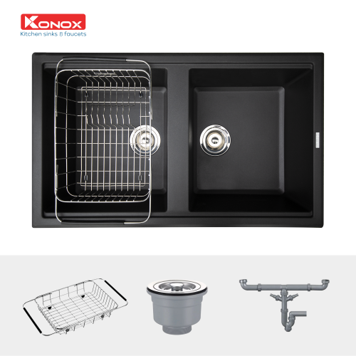 Chậu rửa chén đá Konox Phoenix Smart 860 Black 2 hố